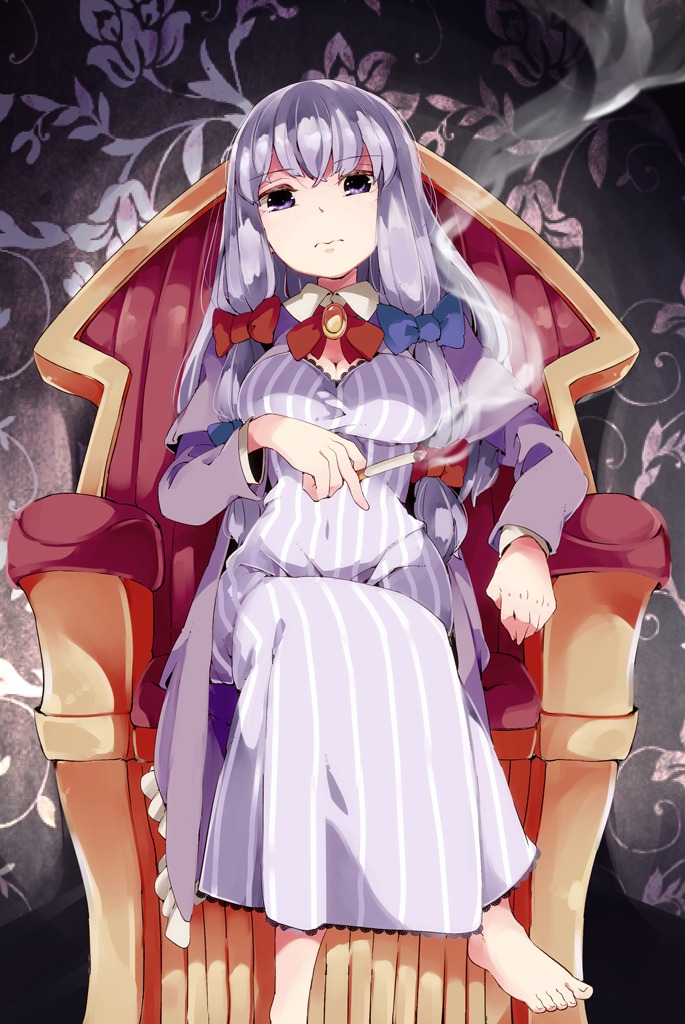 yoshinaga p touhou patchouli knowledge cleavage dress smoking